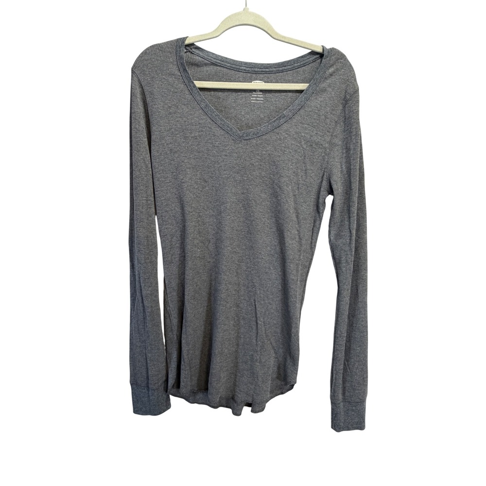 Old Navy Womens Tall Large Grey Waffle Knit V-Neck Long Sleeve Thermal Top NEW